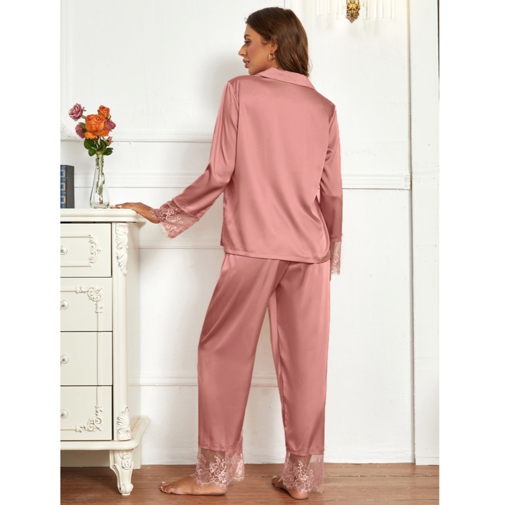 Dusty Pink Satin Pajamas Lace Detail 2 Piece Set Shirt & Pants - Picture 2 of 6